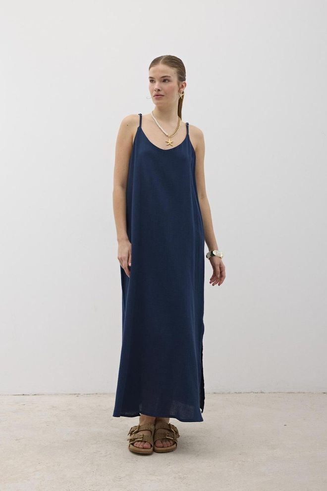 Levure Weitenverstellbares Müslinkleid In Übergröße Marineblau Großhandelskleidung Lässig