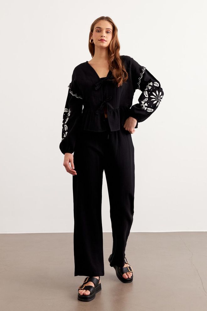Levure Pantalones Negros De Mueslin Con Cintura Elástica Ropa al por mayor Casual