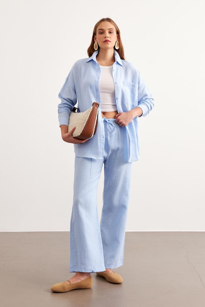 Levure Pantalones De Mueslin Con Cintura Elástica Azules Ropa al por mayor Casual