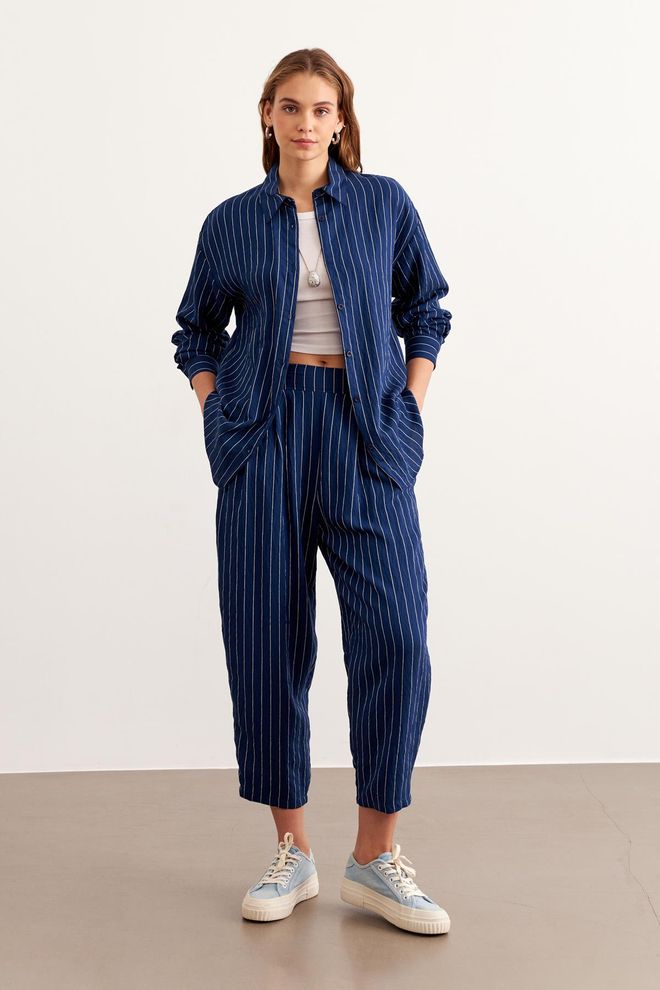 Levure Pantalones Largos A Rayas Con Cintura Elástica Azul Marino Ropa al por mayor Casual
