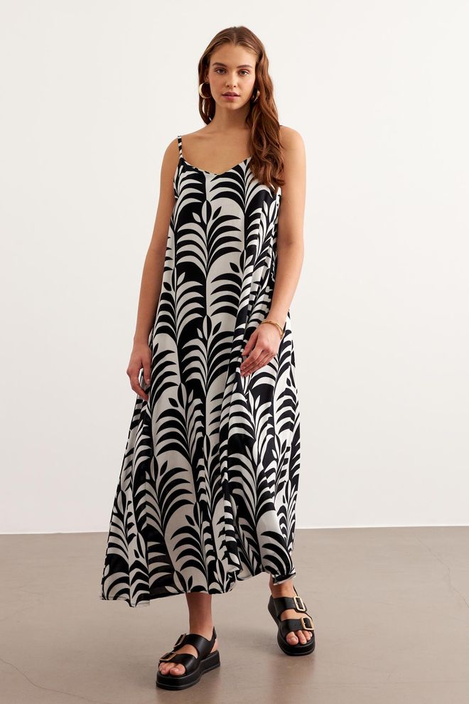 Levure Lange Jurk Met Mouwbandjes Zwart wit Groothandel Kleding Casual