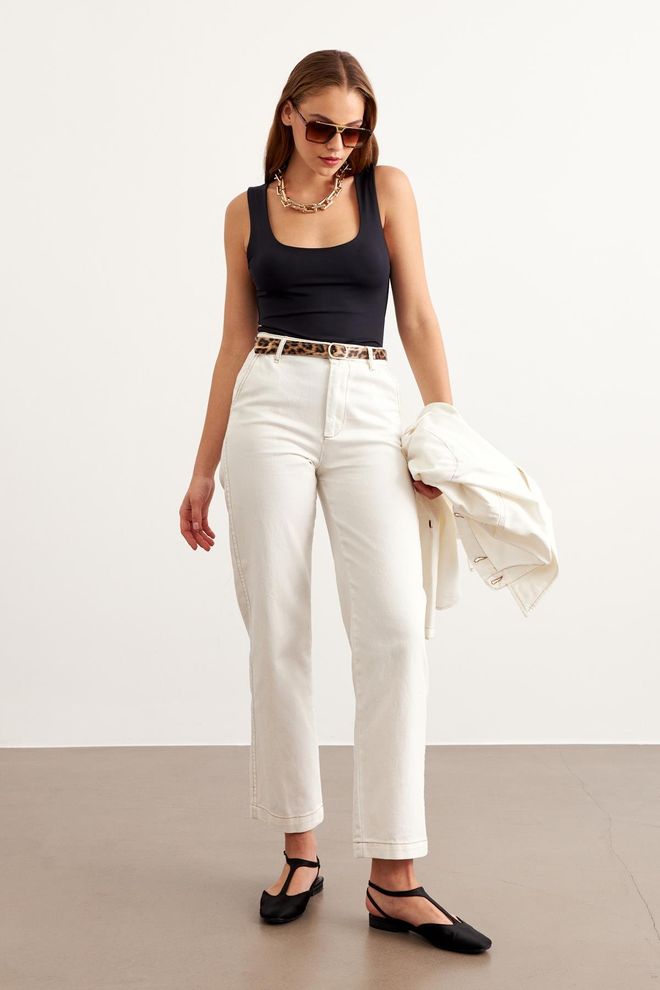 Levure Leopard Belt Detailed Gabardine Pants Ecru Wholesale Clothing No Fabric