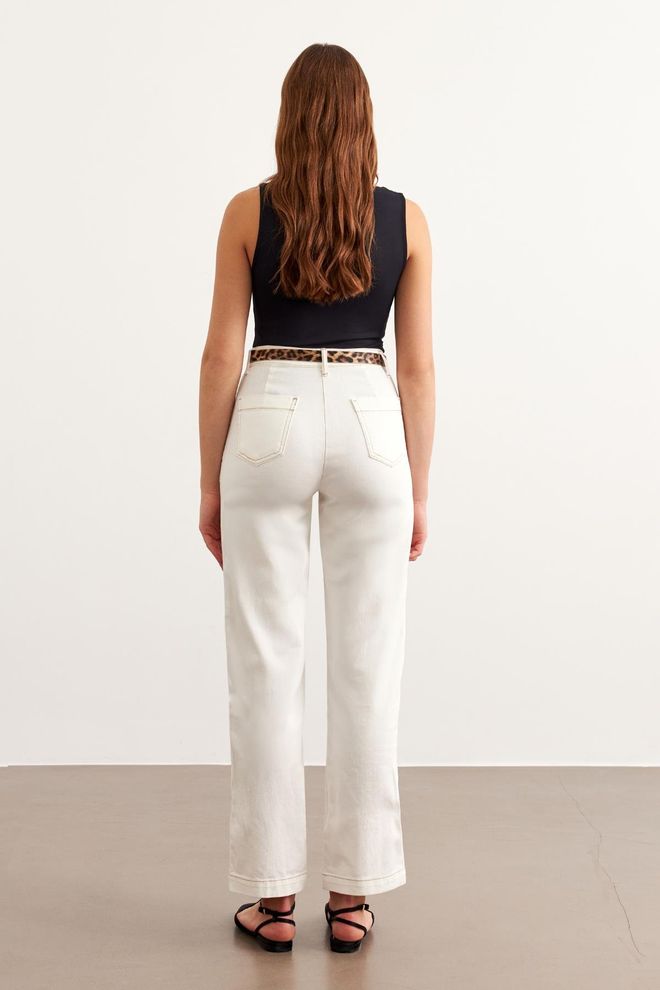 Levure Leopard Belt Detailed Gabardine Pants Ecru Wholesale Clothing Spring