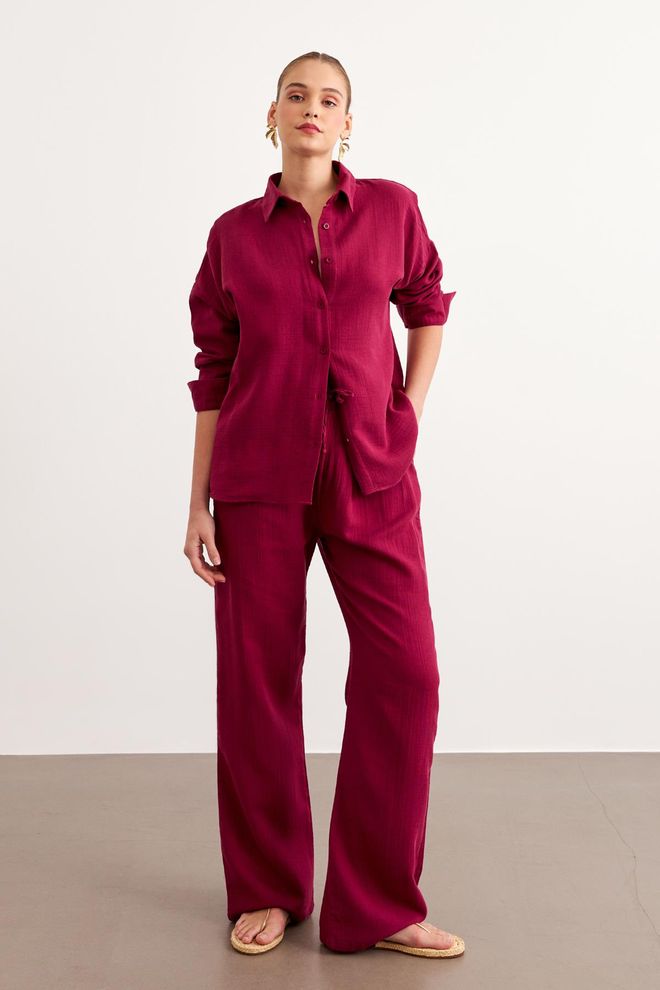 Levure Camicia Mueslin Oversize A Manica Lunga Da Donna Bordeaux Abbigliamento all'ingrosso Casuale