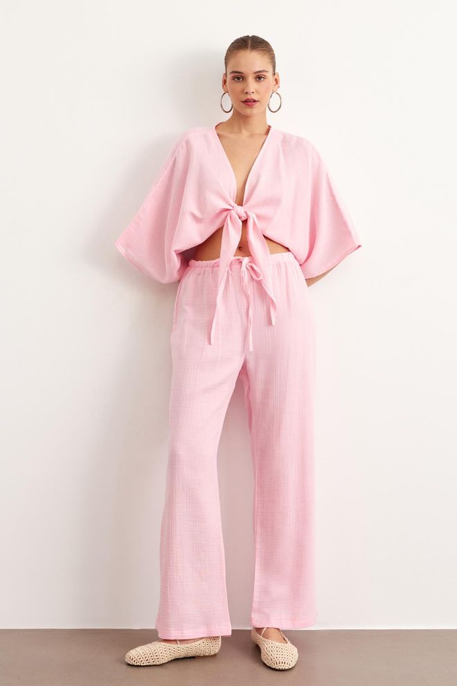 Levure Müslinhose Mit Elastischer Taille Rosa Großhandelskleidung Lässig