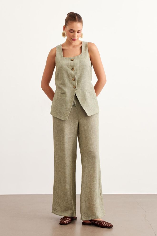 Levure Pantalones De Lino Con Cintura Elástica Caqui Ropa al por mayor Casual