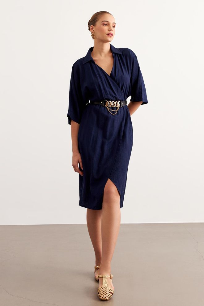 Levure Jurk Met Elastische Tailleriem Marineblauw Groothandel Kleding Casual
