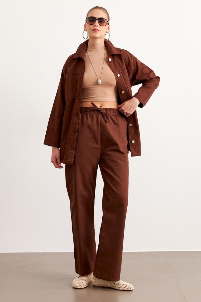 Levure Pantalones De Gabardina Con Cintura Elástica Marrones Ropa al por mayor Casual