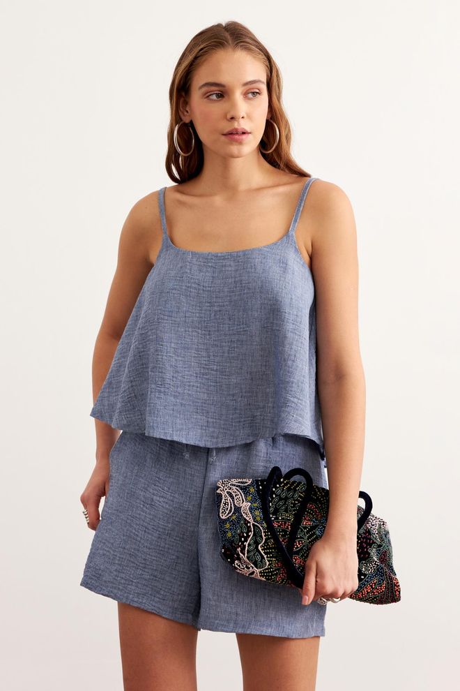 Levure Strappy Crop Blouse Blue Wholesale Clothing No Fabric