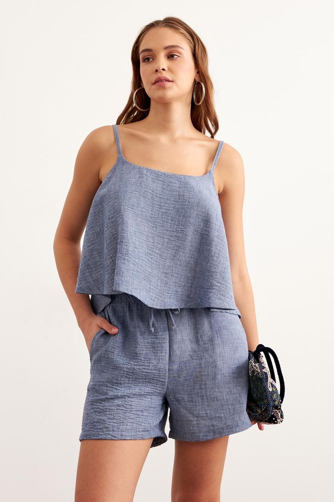 Levure Strappy Crop Blouse Blue Wholesale Clothing Beach