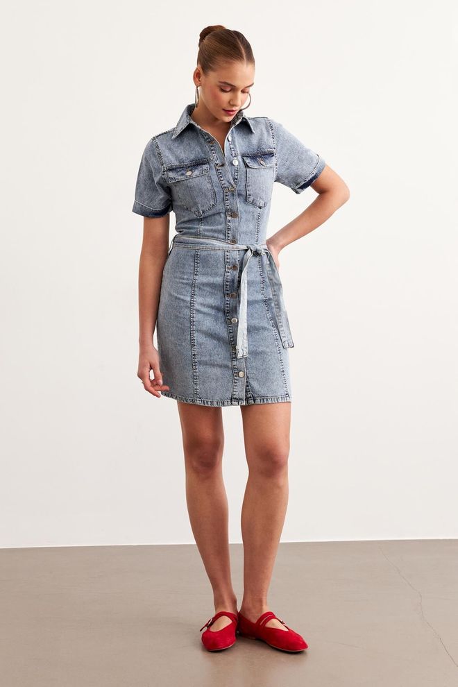 Levure Denim Obleka Z Žepom Na Pasu Snow Wash Modra Oblačila na debelo Brez blaga