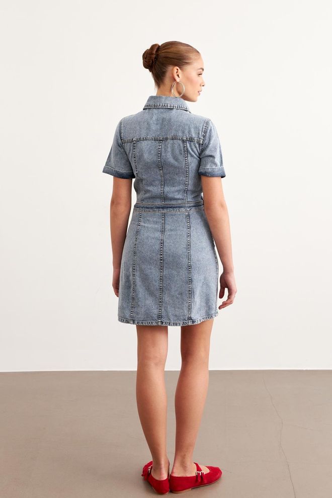 Levure Denim Obleka Z Žepom Na Pasu Snow Wash Modra Oblačila na debelo Poletje