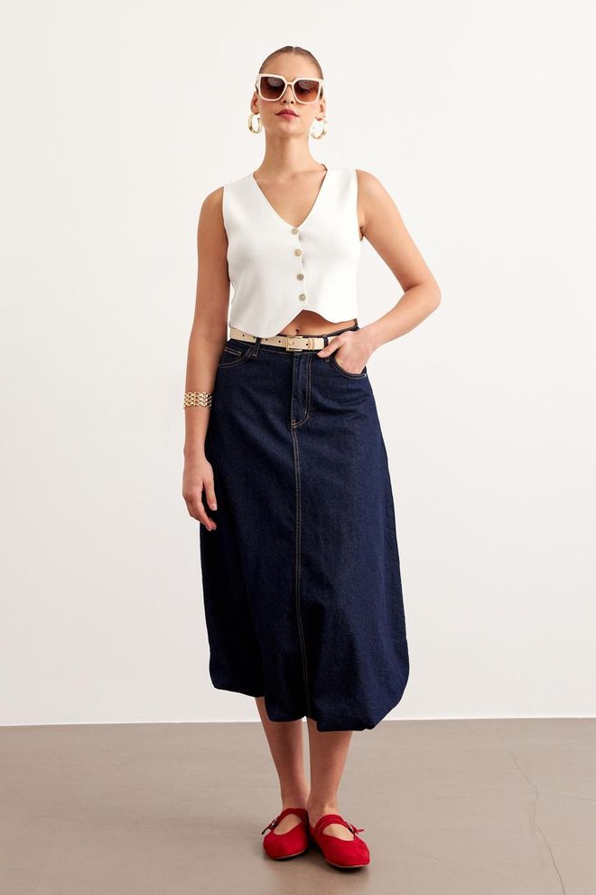 Levure Jeansrok Met Ballonrok Met Zakken Rins Wash Marineblauw Groothandel Kleding Casual