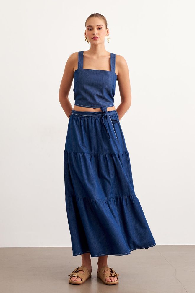 Levure Lange Spijkerrok Met Riem Rins Wash Blauw Groothandel Kleding Casual