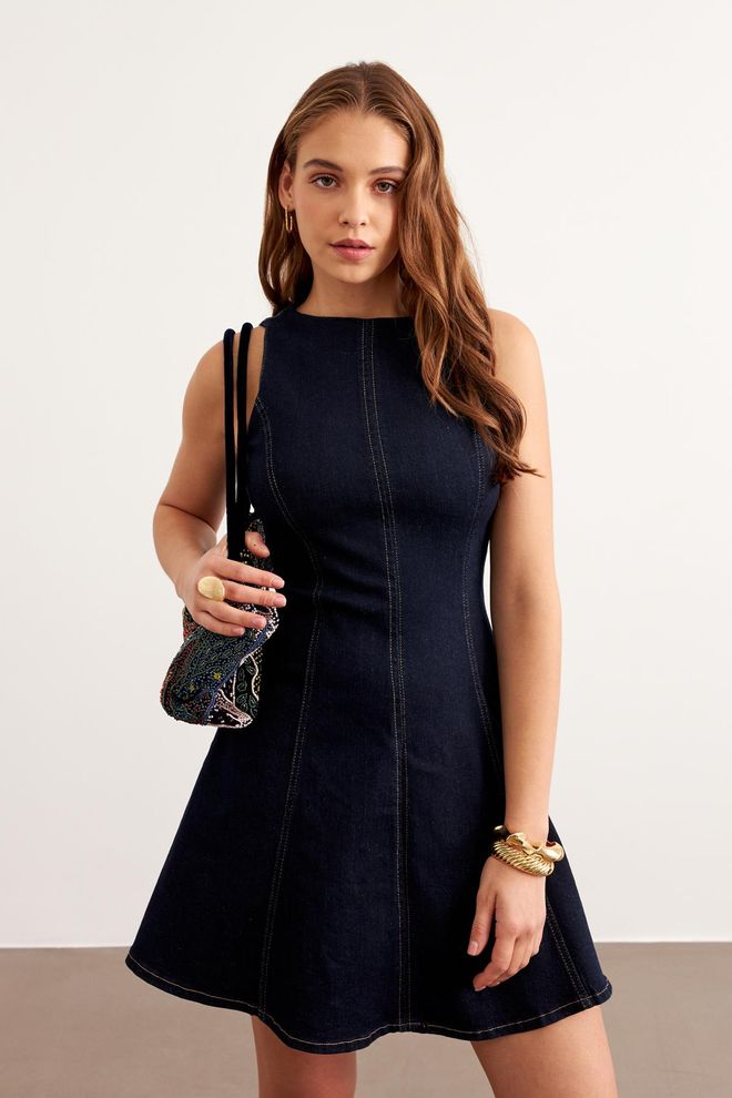 Levure Vestido Corto De Mezclilla Lavado En Anillos Azul Marino Ropa al por mayor Sin tela