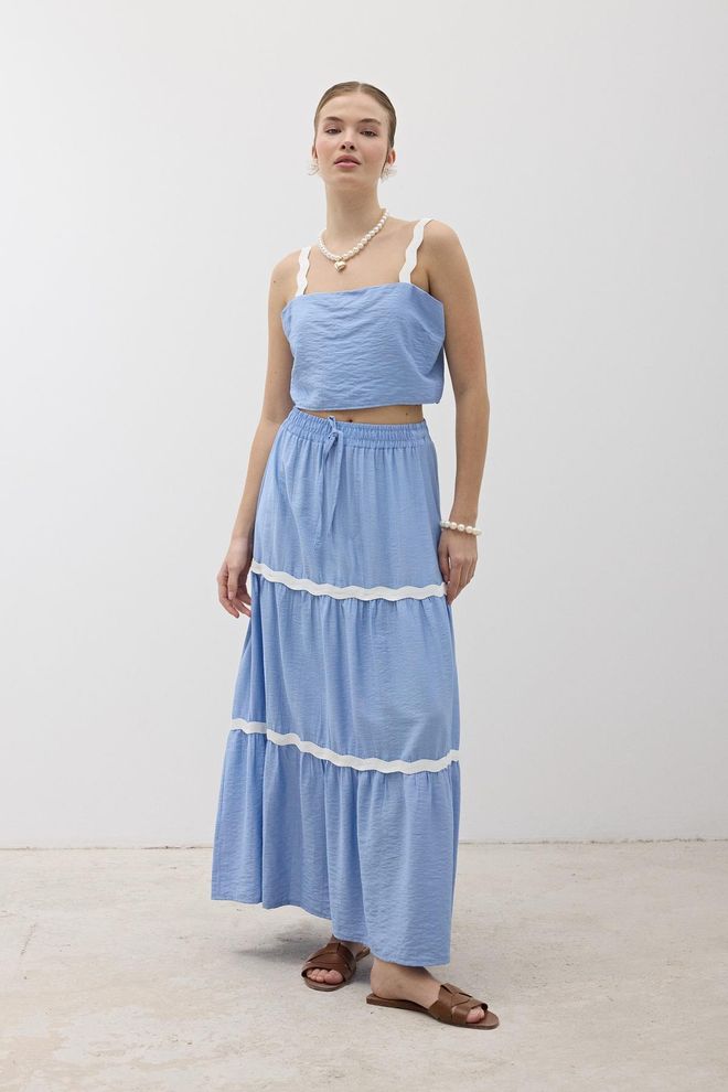 Levure Lange Rok Met Elastische Taille En Watersteenpatroon Blauw Groothandel Kleding Casual
