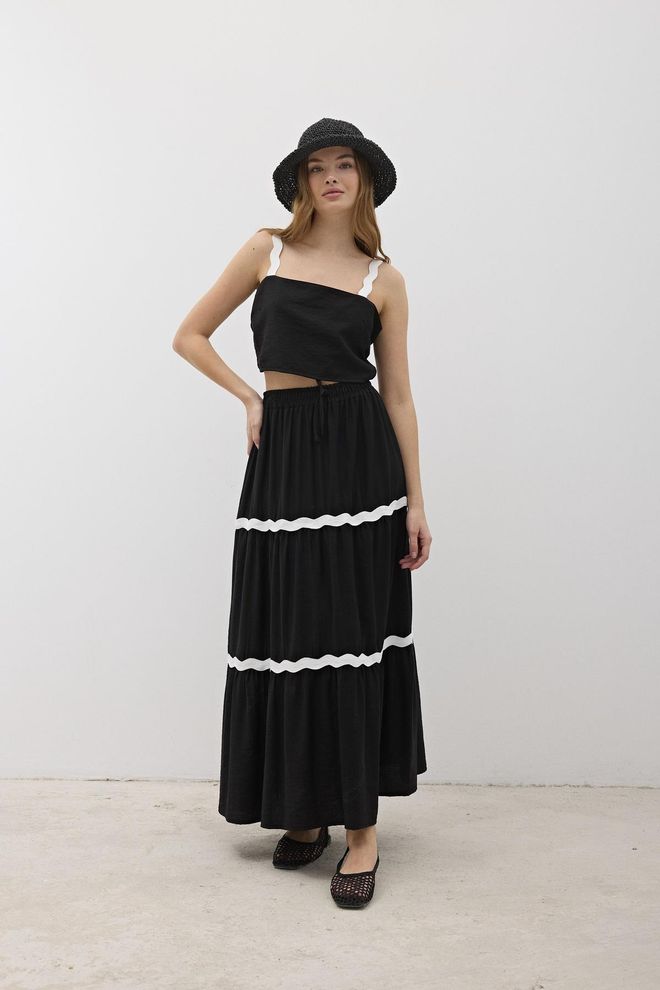 Levure Lange Rok Met Elastische Taille En Watersteenpatroon Zwart Groothandel Kleding Casual