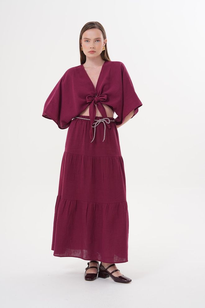 Levure Lange Rok Met Elastische Taille En Koord Gedetailleerde Bordeauxrode Groothandel Kleding Boho