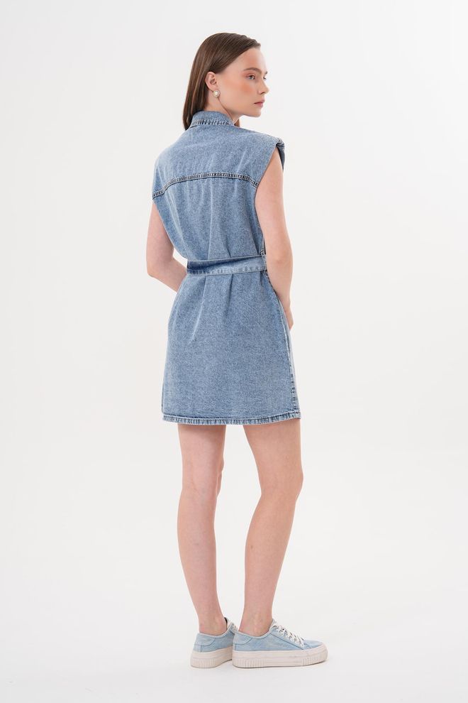 Levure Vestido Con Cinturón Con Detalle De Guata En Los Hombros Lavado En La Nieve Ropa al por mayor Verano