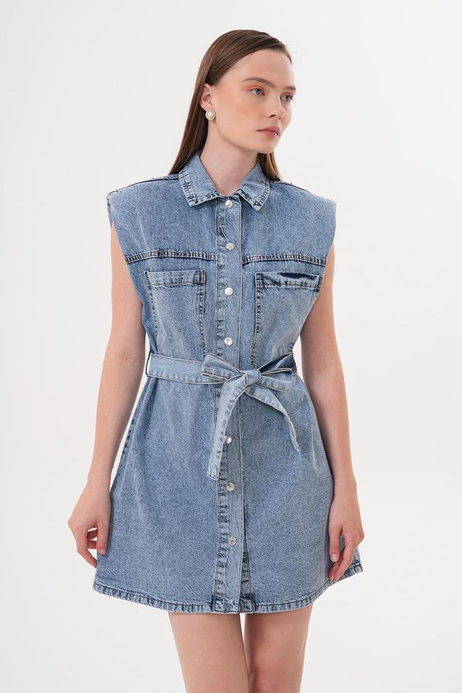 Levure Vestido Con Cinturón Con Detalle De Guata En Los Hombros Lavado En La Nieve Ropa al por mayor Cumpleaños