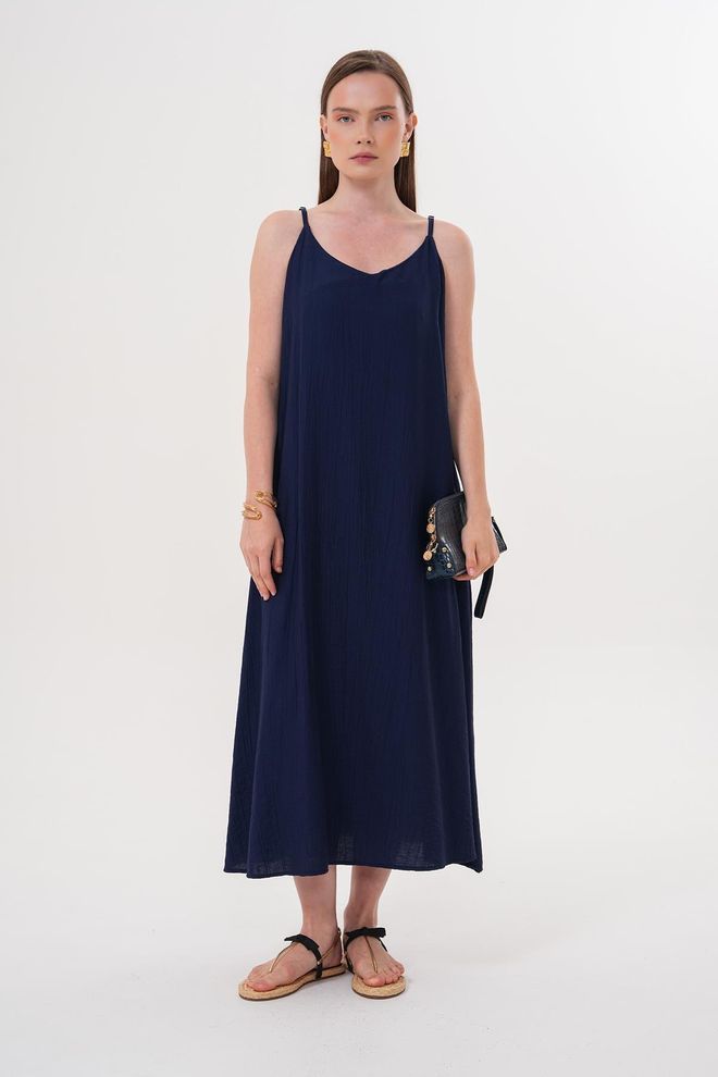 Levure Lange Jurk Met Bandjes Marineblauw Groothandel Kleding Casual