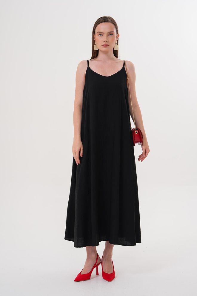 Levure Lange Jurk Met Bandjes Zwart Groothandel Kleding Casual