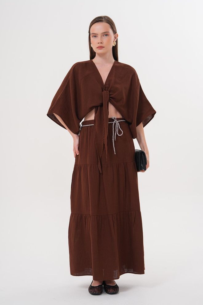 Levure Blusa Con Cravatta Mueslin Da Donna Marrone Abbigliamento all'ingrosso Casuale