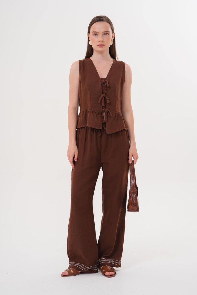 Levure Front Tie Sleeveless Blouse Brown Wholesale Clothing Casual