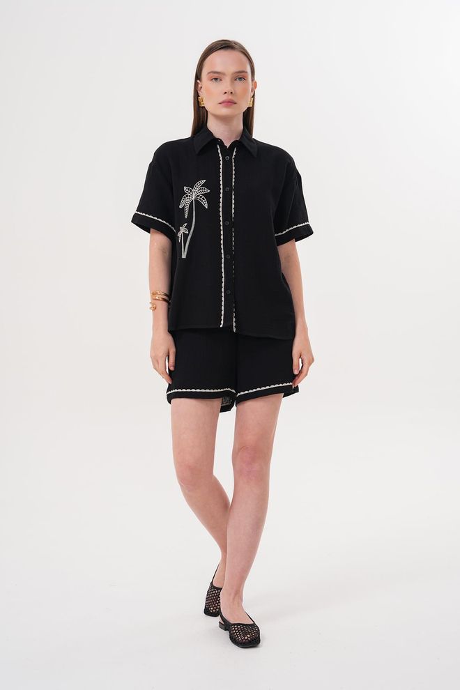 Levure Chemise En Mueslin Boutonnée À Broderies Détaillées Noire Vêtements en gros Décontracté