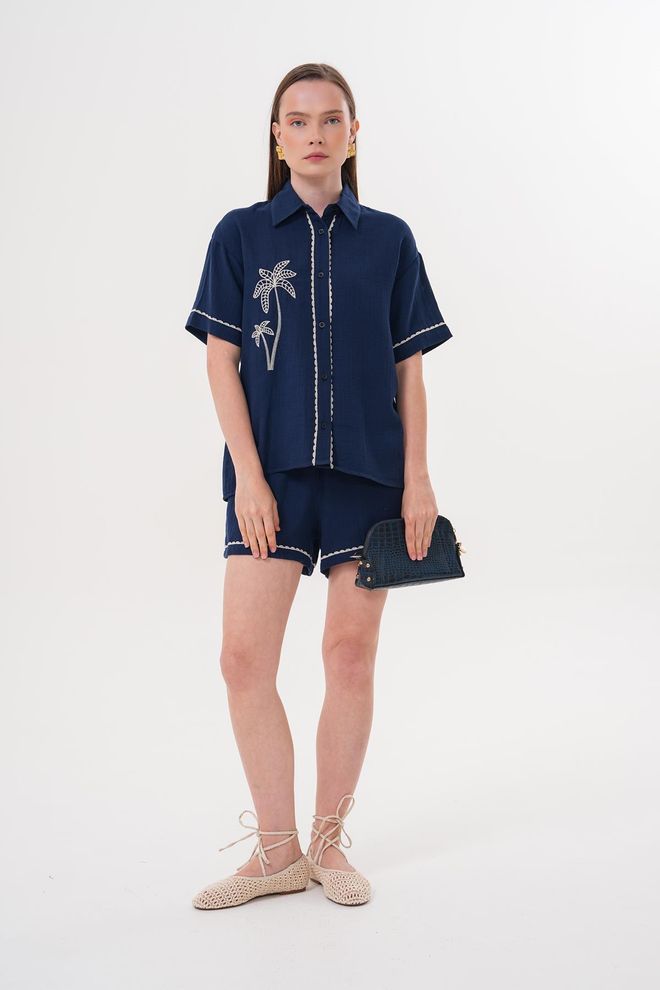 Levure Chemise En Mueslin Boutonnée À Broderies Détaillées Bleu Marine Vêtements en gros Décontracté