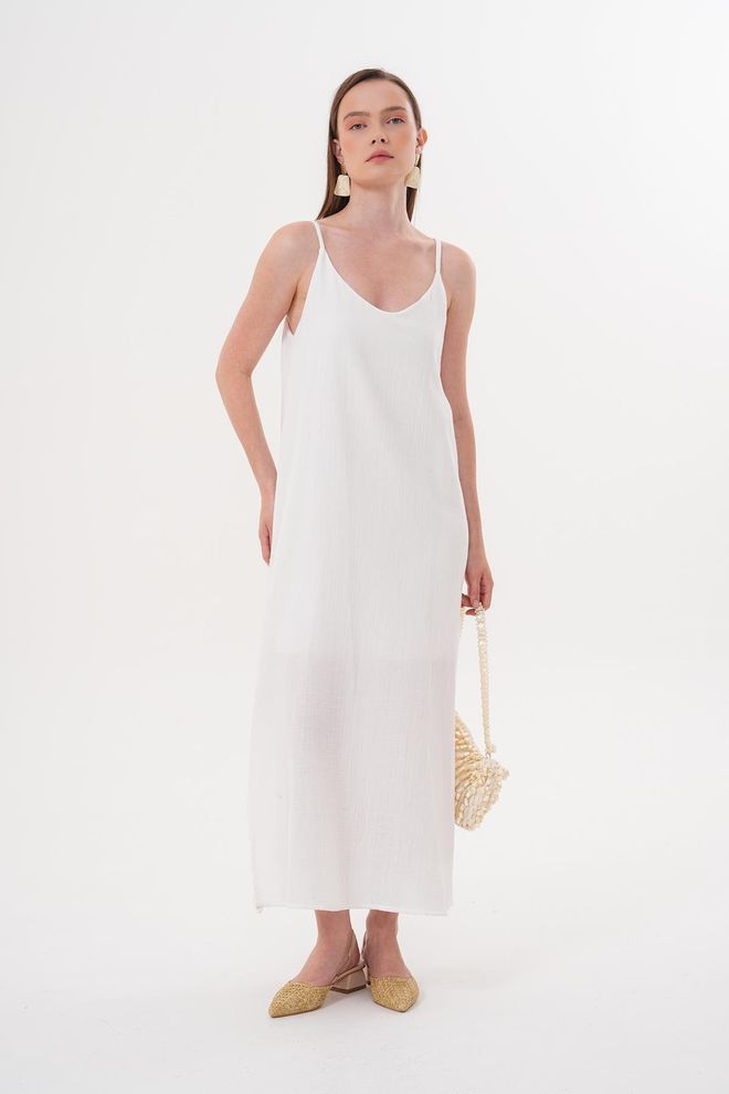 Levure Verstelbare Oversized Mueslin jurk Met Hanger Ecru Groothandel Kleding Casual