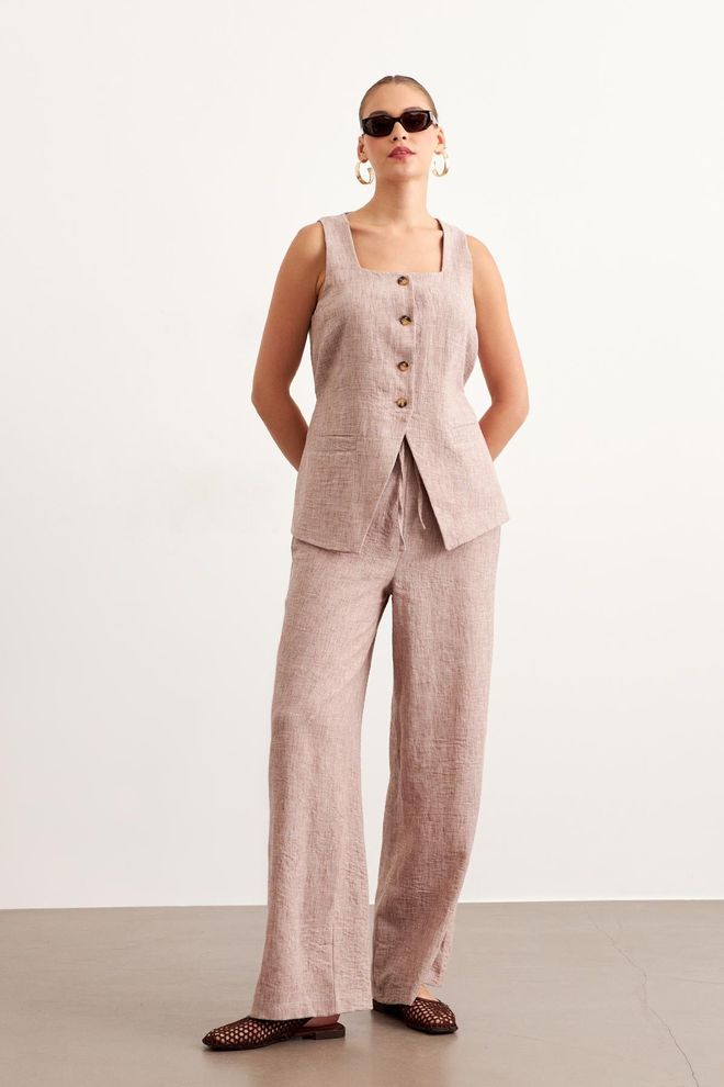 Levure Leinenhose Mit Elastischer Taille Braun Großhandelskleidung Lässig