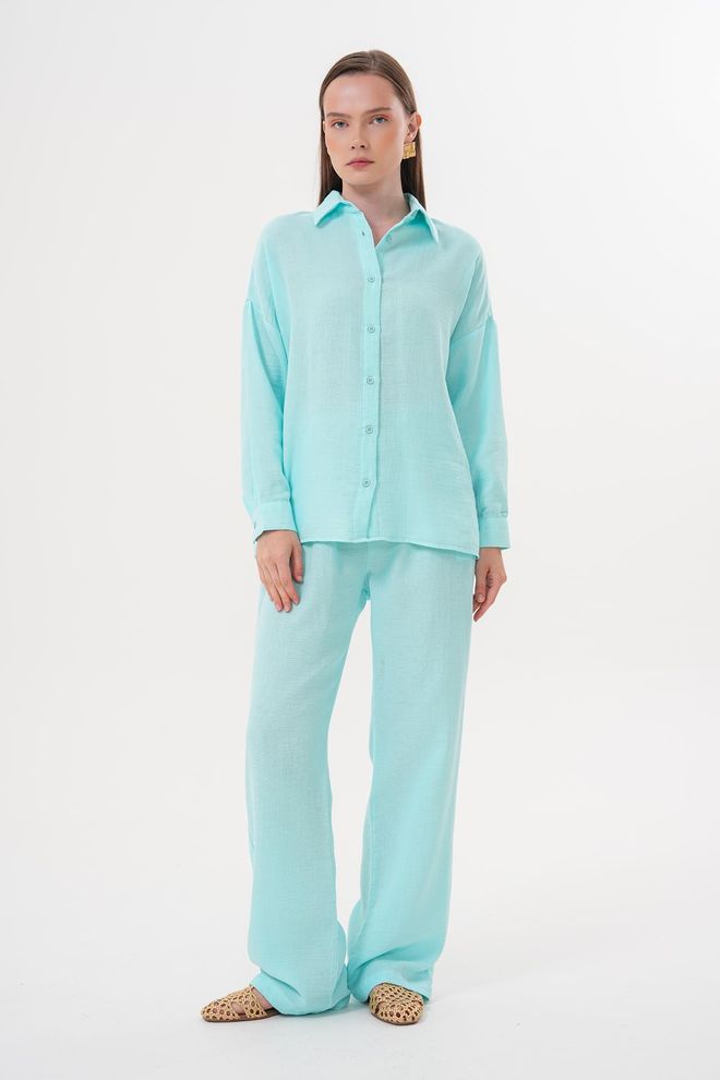 Levure Camicia Mueslin Oversize A Manica Lunga Da Donna Verde Menta Abbigliamento all'ingrosso Formale
