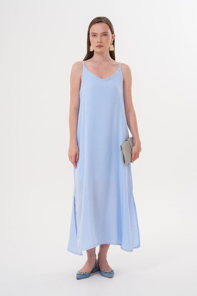 Levure Hanger Verstelbare Oversized Mueslin Jurk Blauw Groothandel Kleding Casual