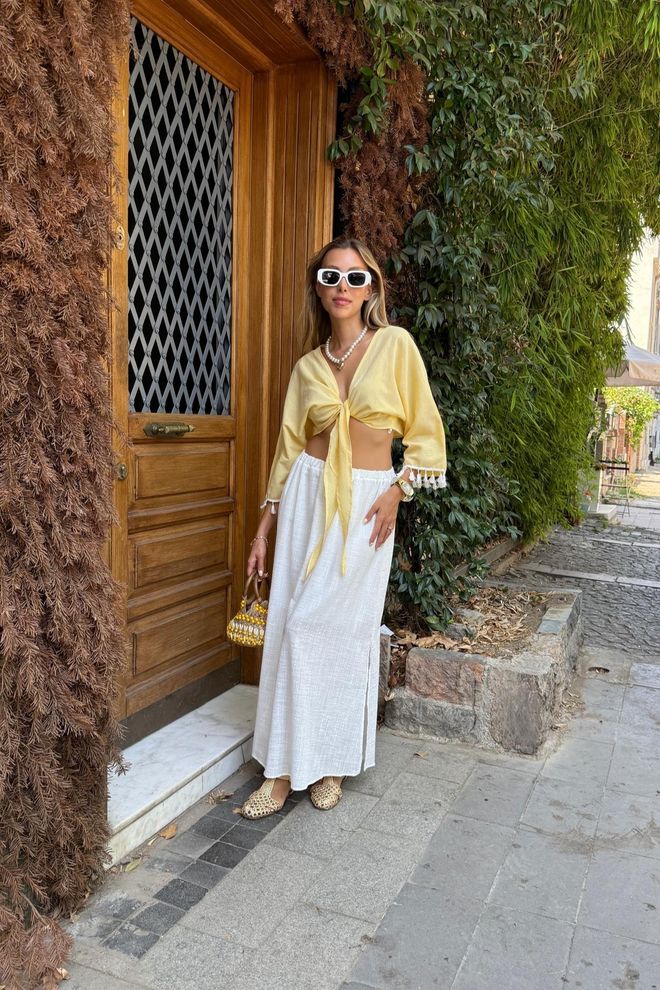 Levure Camicetta Boho Gialla Crop Con Scollo A V E Maniche 3/4 Dritte Abbigliamento all'ingrosso Casuale