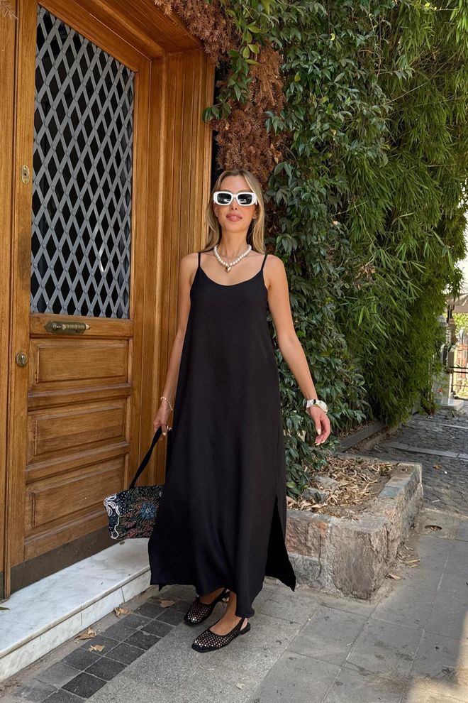 Levure Czarna Maxi Sukienka Halka Z Rękawami Typu Cap Hurtowa sprzedaż odzieży Wiosna