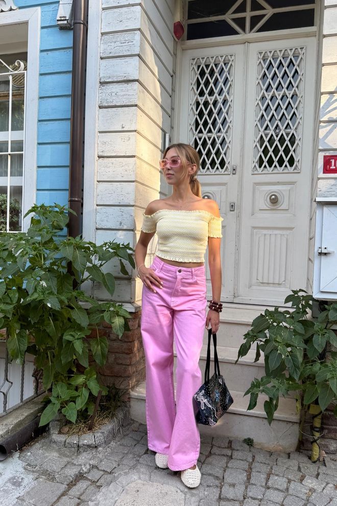 Levure Pink Mom Pants High Waist Wide Leg Buttoned Wholesale Clothing Spring