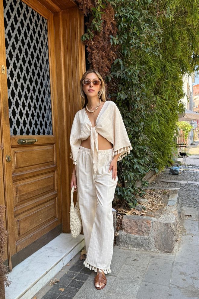 Levure Pantalón Palazzo Boho Étnico Casual Beige Ropa al por mayor Modesto