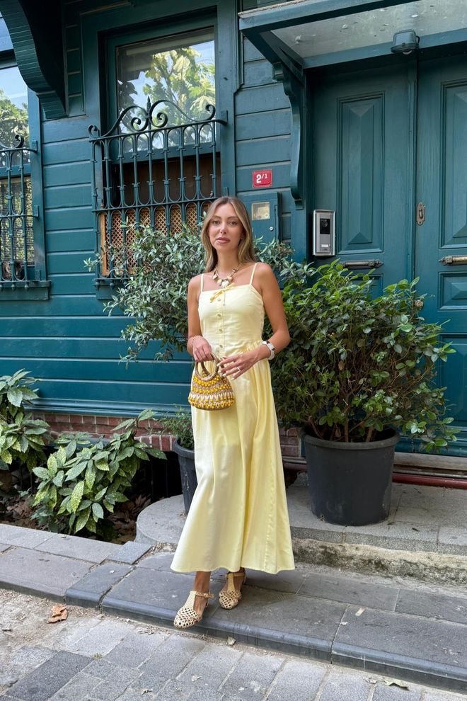 Levure Geel Mouwloze Slipjurk Met Vierkante Hals Groothandel Kleding Casual