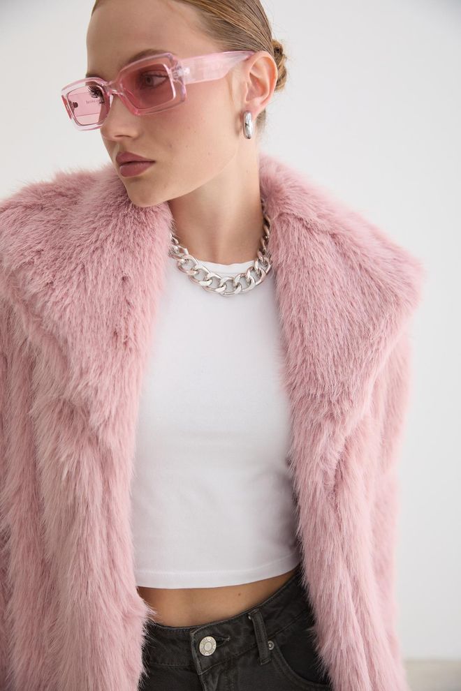 Levure Pink Fur Coat With Notched Collar And Regular Fit Wholesale Clothing Work