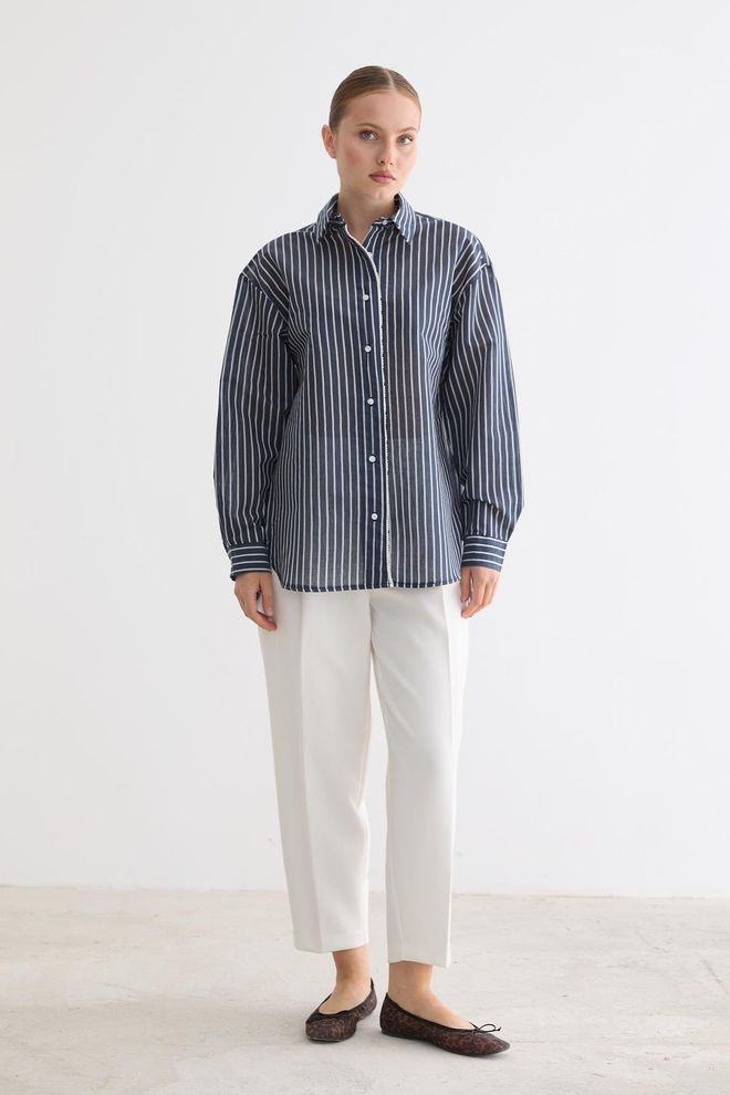 Levure Casual Formeel Gestreept Marineblauw Shirt Groothandel Kleding Casual
