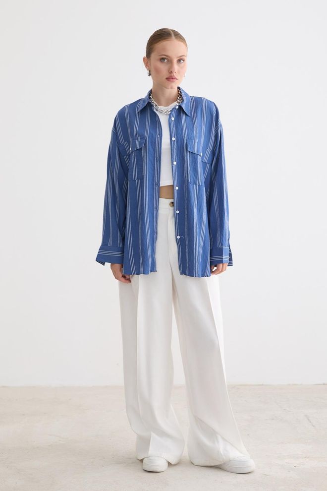 Levure Blauw Casual Gestreept Oversized Shirt Groothandel Kleding Casual