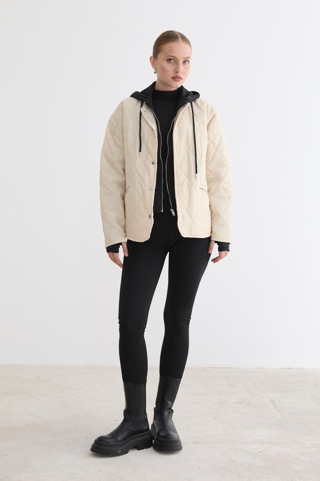Levure Beige Quilted Hooded Oversized Shacket Coat Wholesale Clothing Modest