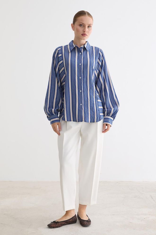 Levure Blauw Oversized Casual Gestreepte Polo Hals Shirt Groothandel Kleding Casual