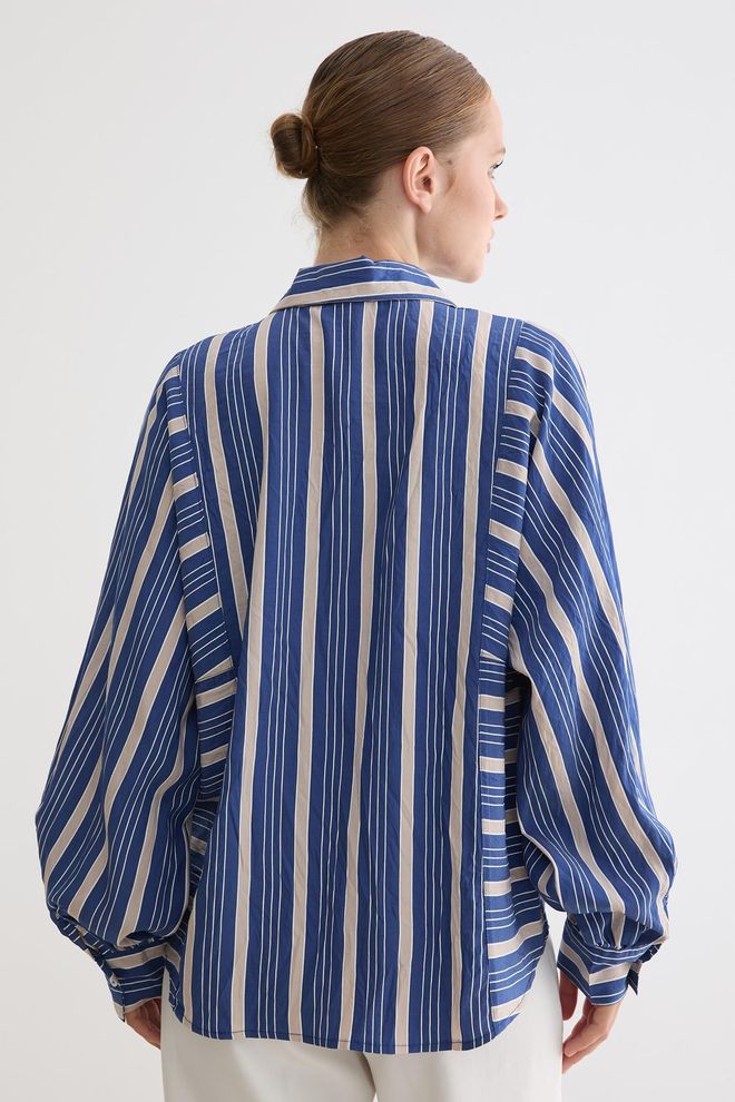 Levure Blue Oversized Casual Striped Polo Neck Shirt Wholesale Clothing Spring