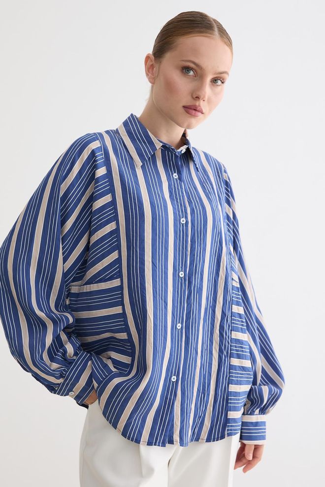 Levure Blue Oversized Casual Striped Polo Neck Shirt Wholesale Clothing Lounge