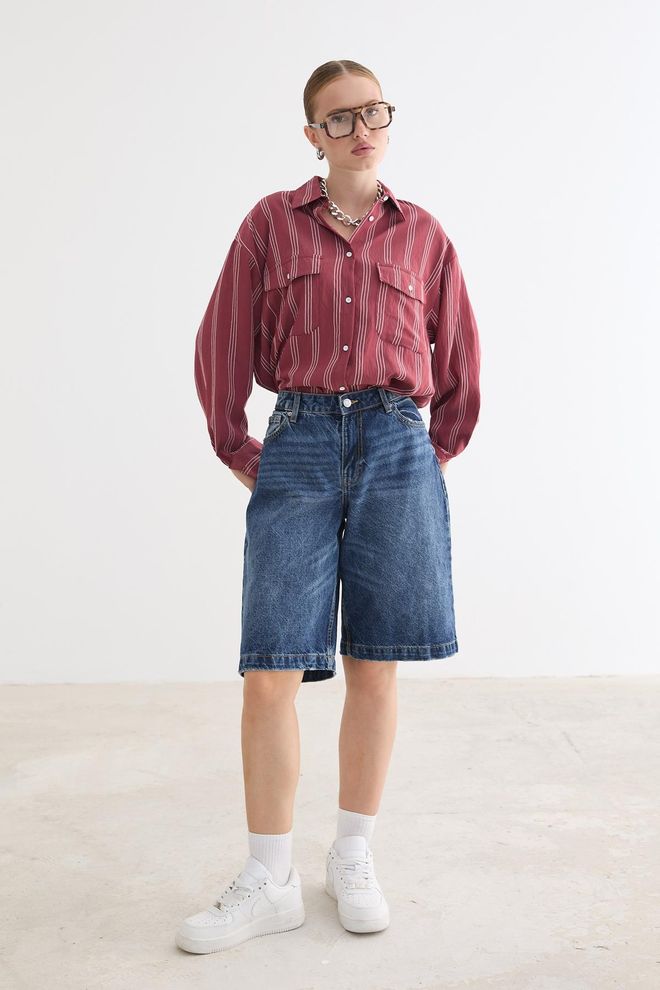 Levure Bordeauxrood Oversized Gestreept Casual Shirt Groothandel Kleding Casual