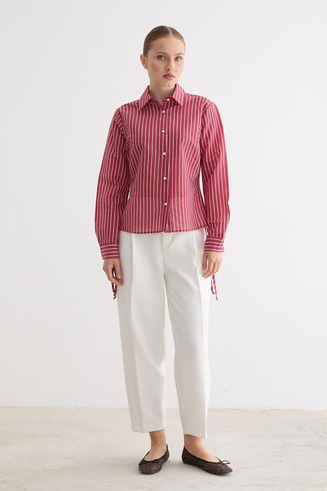 Levure Rood Casual Formeel Preppy Gestreept Shirt Met Polohals Groothandel Kleding Casual