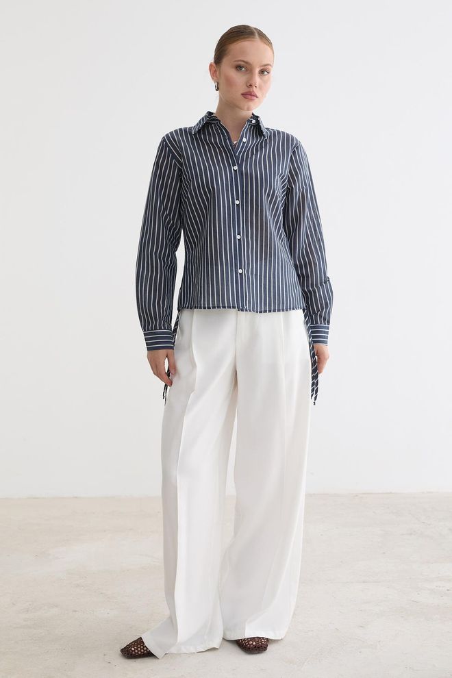 Levure Marineblauw Gestreept Formeel Geknoopt Shirt Groothandel Kleding Casual