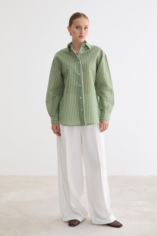 Levure Groen Gestreept Casual Formeel Preppy Shirt Groothandel Kleding Casual
